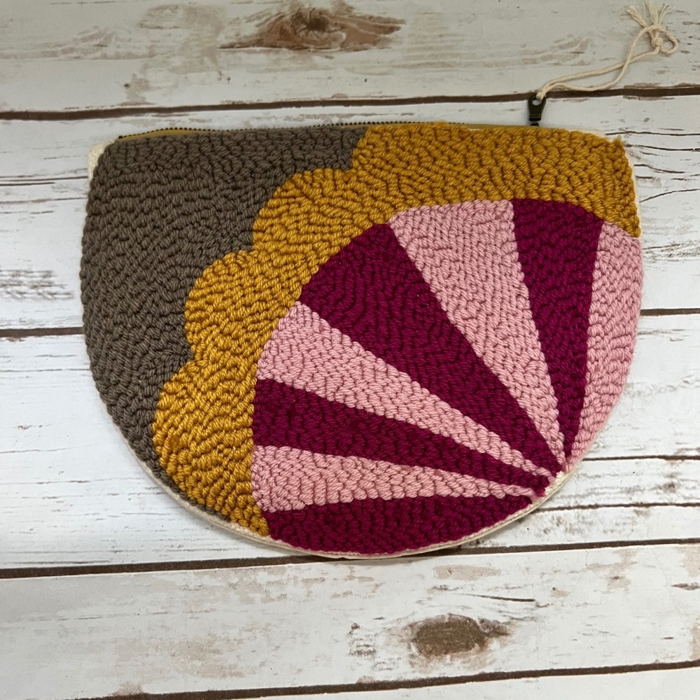 Handmade Hobo Bag Punch Needle Clutch Pink Mustard Geometric Textured NWOT